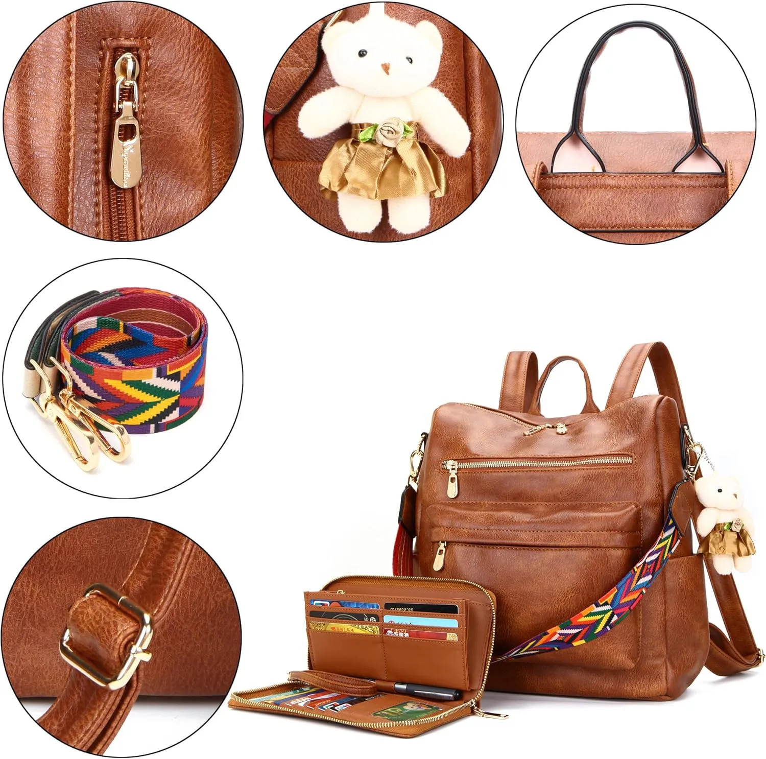 Soperwillton Women Backpack Purse Multipurpose Design Handbags Shoulder Bag PU Leather Travel bag Backpack Set 2pcs