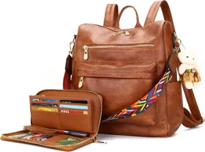 Soperwillton Women Backpack Purse Multipurpose Design Handbags Shoulder Bag PU Leather Travel bag Backpack Set 2pcs