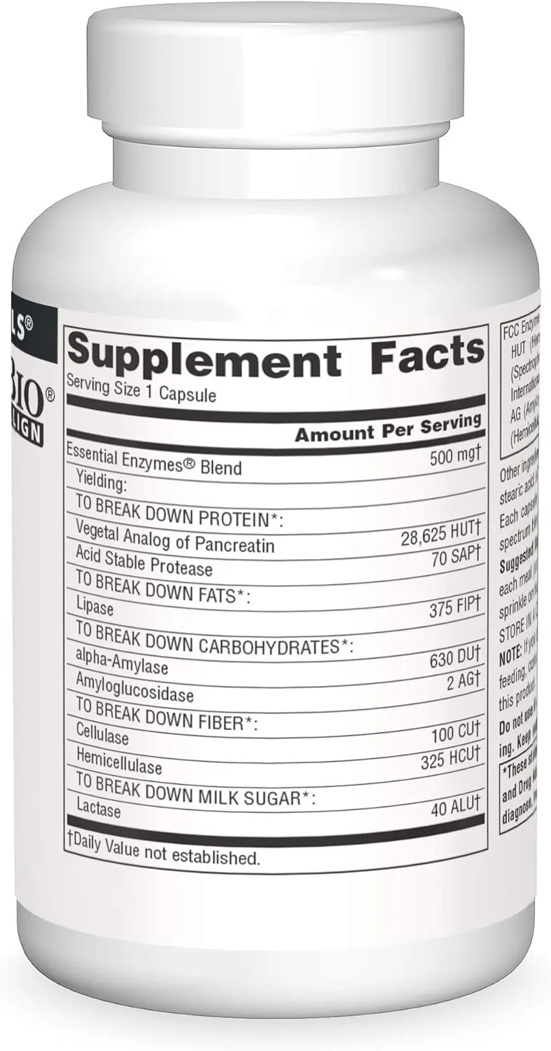 Source Naturals Essential Enzymes 500mg Bio-Aligned Multiple Supplement Herbal Defense for Digestion, Gas & Constipation Relief - Strong Immune System Support* - 120 Capsules