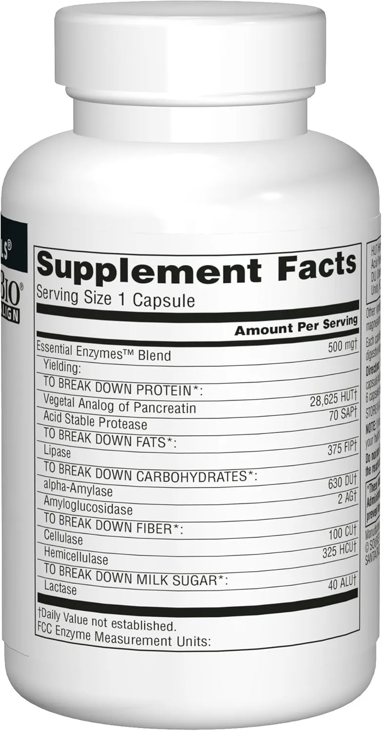 Source Naturals Essential Enzymes 500mg Bio-Aligned Multiple Supplement Herbal Defense for Digestion, Gas & Constipation Relief - Strong Immune System Support* - 120 Capsules