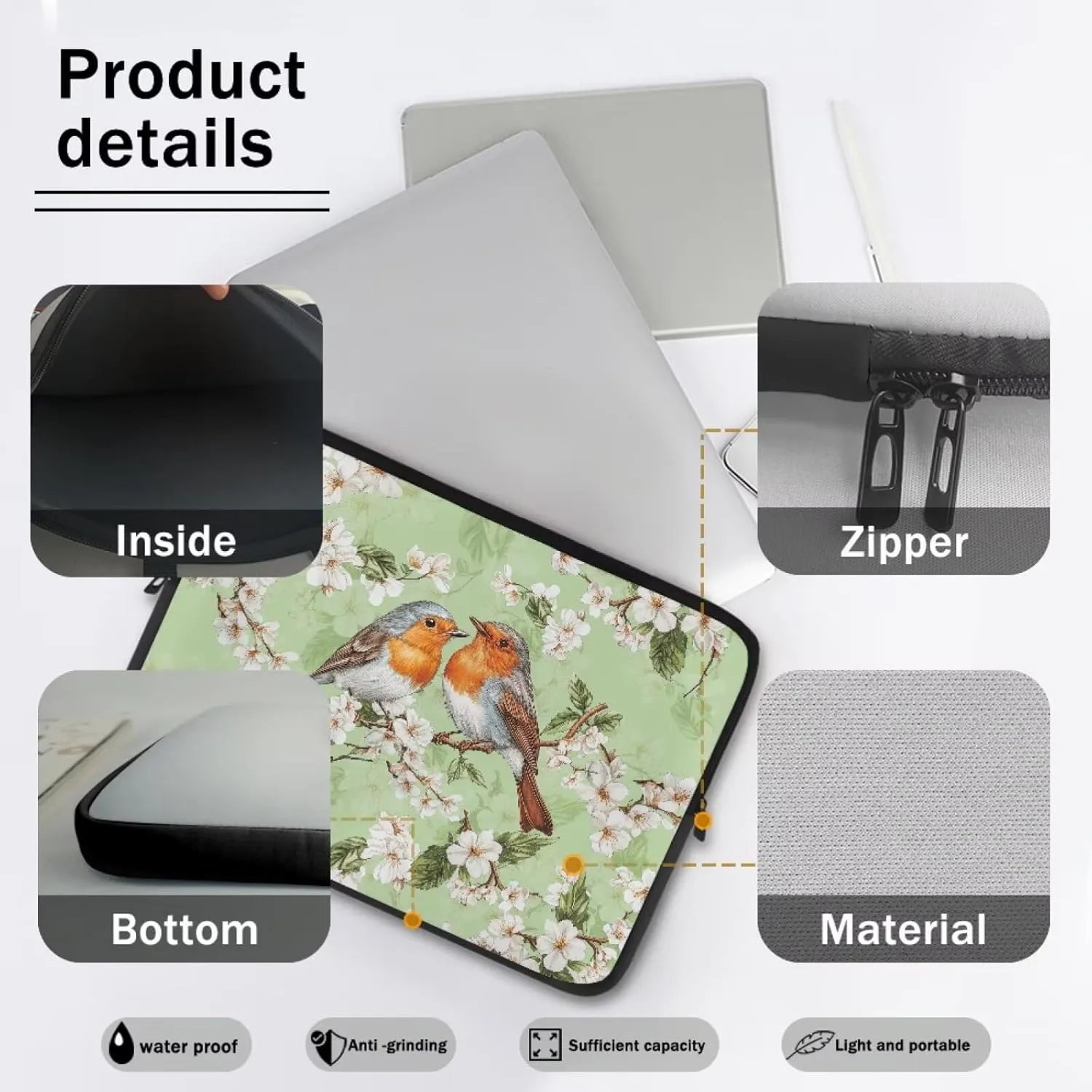 Sparrow Floral Printed Computer Bags for Women Men, Water Resistant Laptop Briefcase 12 Inch Travel Case Compatible with Most Laptops