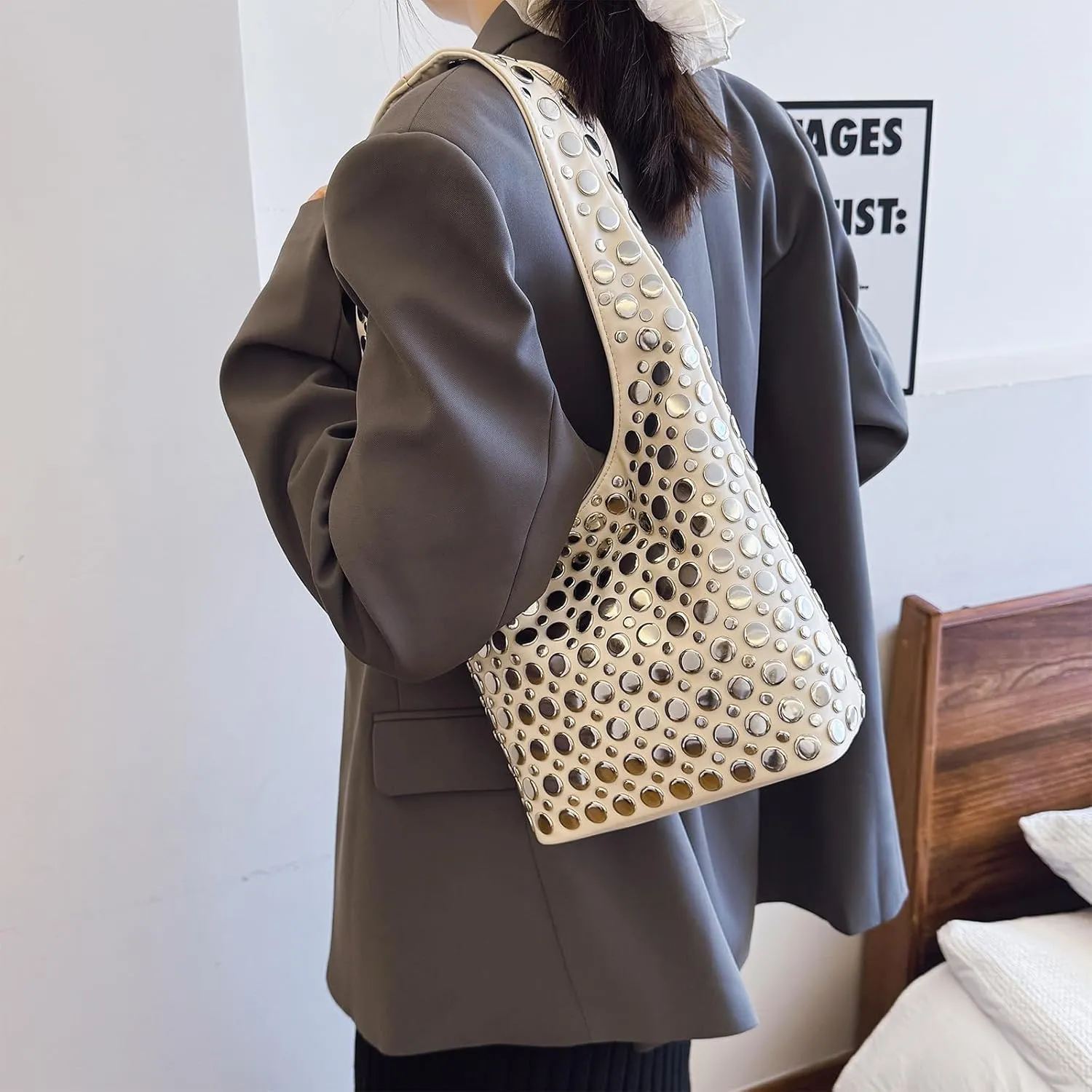 Studded Purses Y2K 90s Hobo Bags Trendy Shoulder Punk Handbag Soft Faux Leather Underarm Satchels Tote Handbag