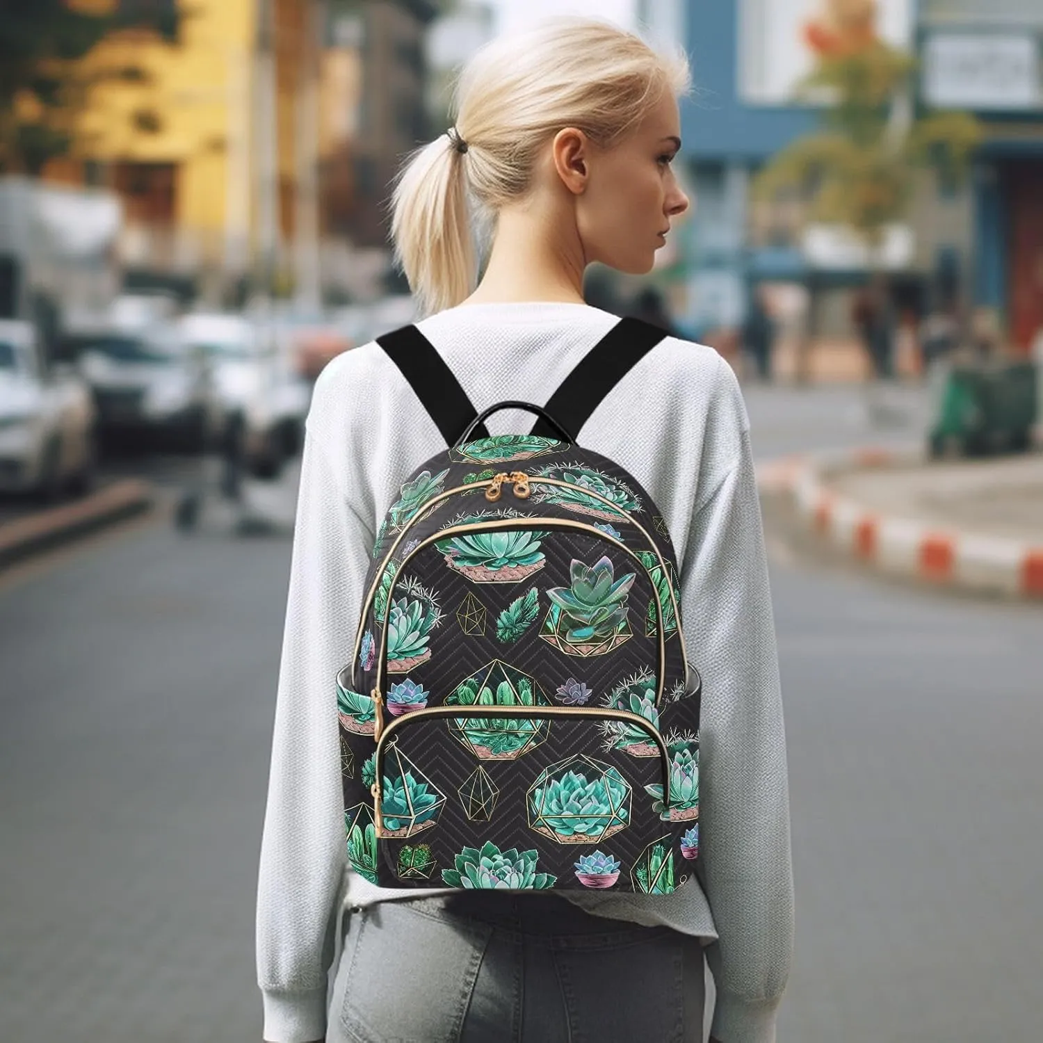 Succulents Plant Dark Black Backpack Purse for Women Travel Bag with Anti-theft Back for School Travel S