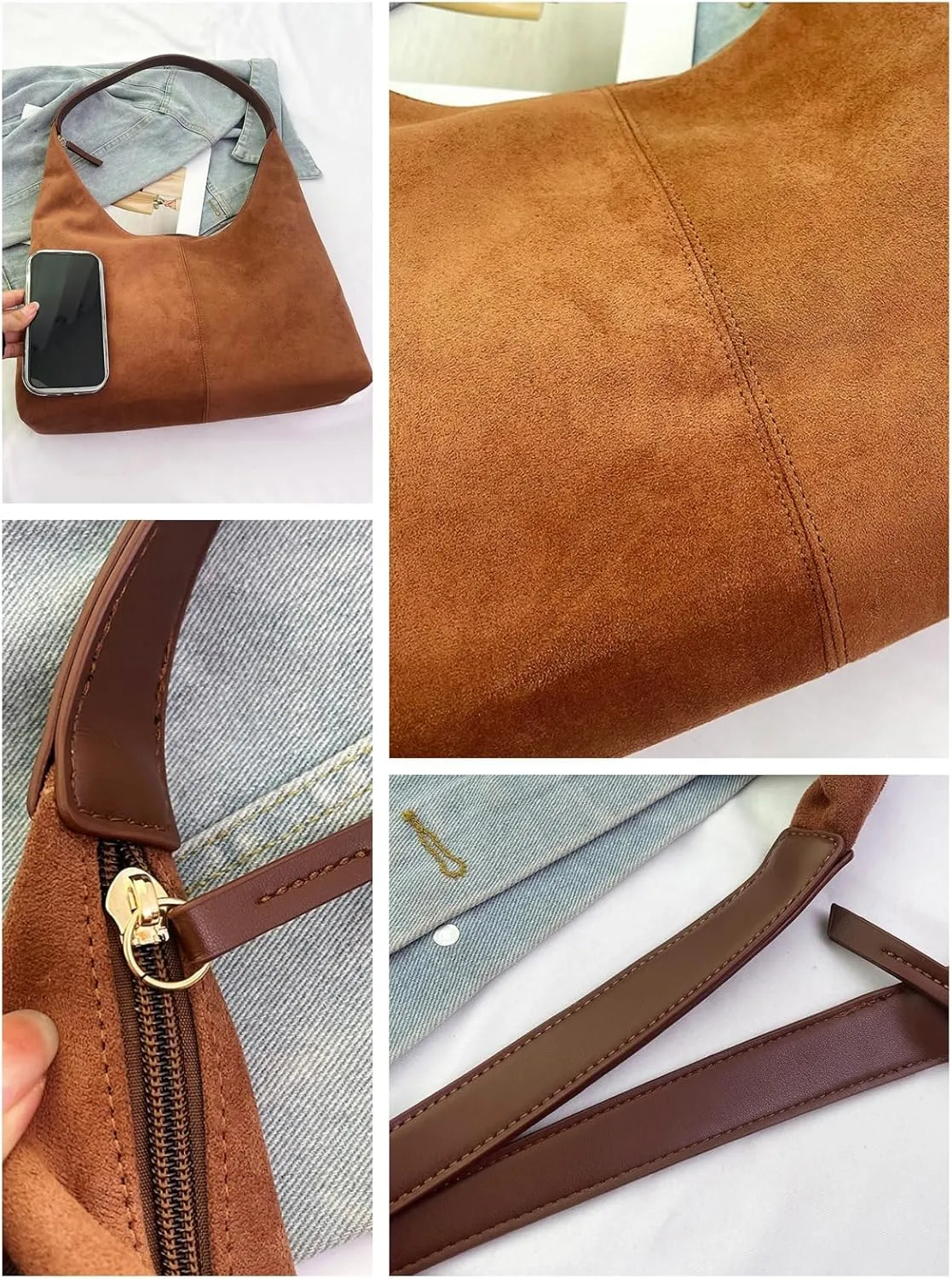 Suede Tote Bag Women Fall Winter Vintage Casual Handbag PU Strap Zip Slip Pocket Matte Shoulder Bag