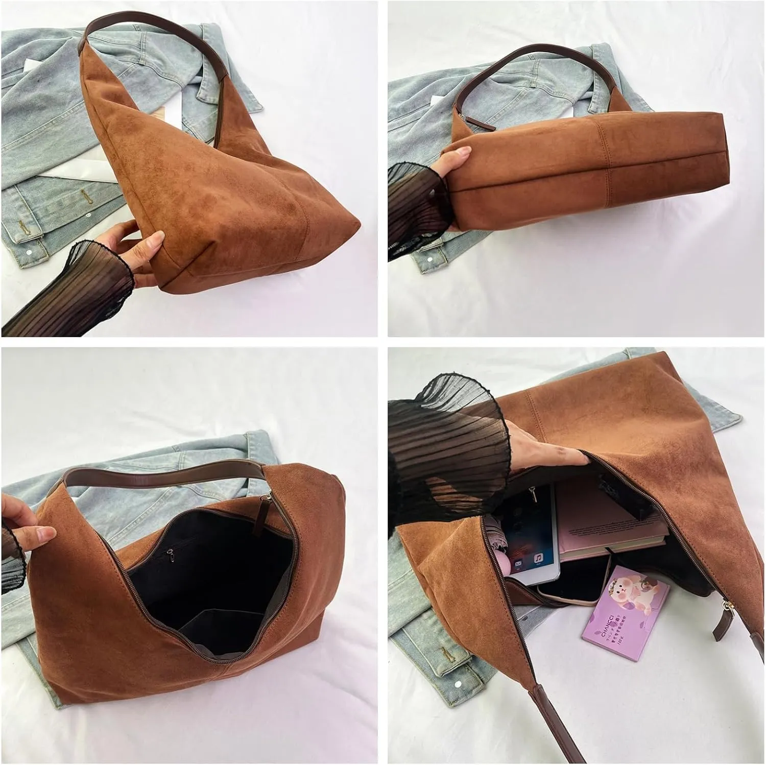 Suede Tote Bag Women Fall Winter Vintage Casual Handbag PU Strap Zip Slip Pocket Matte Shoulder Bag