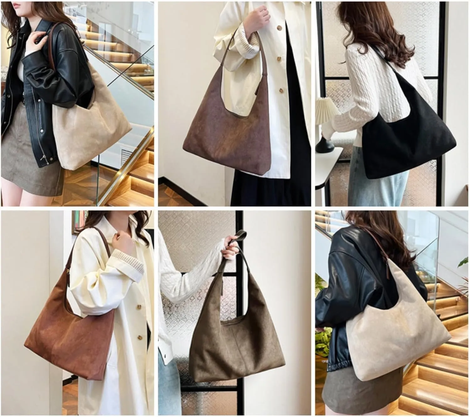 Suede Tote Bag Women Fall Winter Vintage Casual Handbag PU Strap Zip Slip Pocket Matte Shoulder Bag