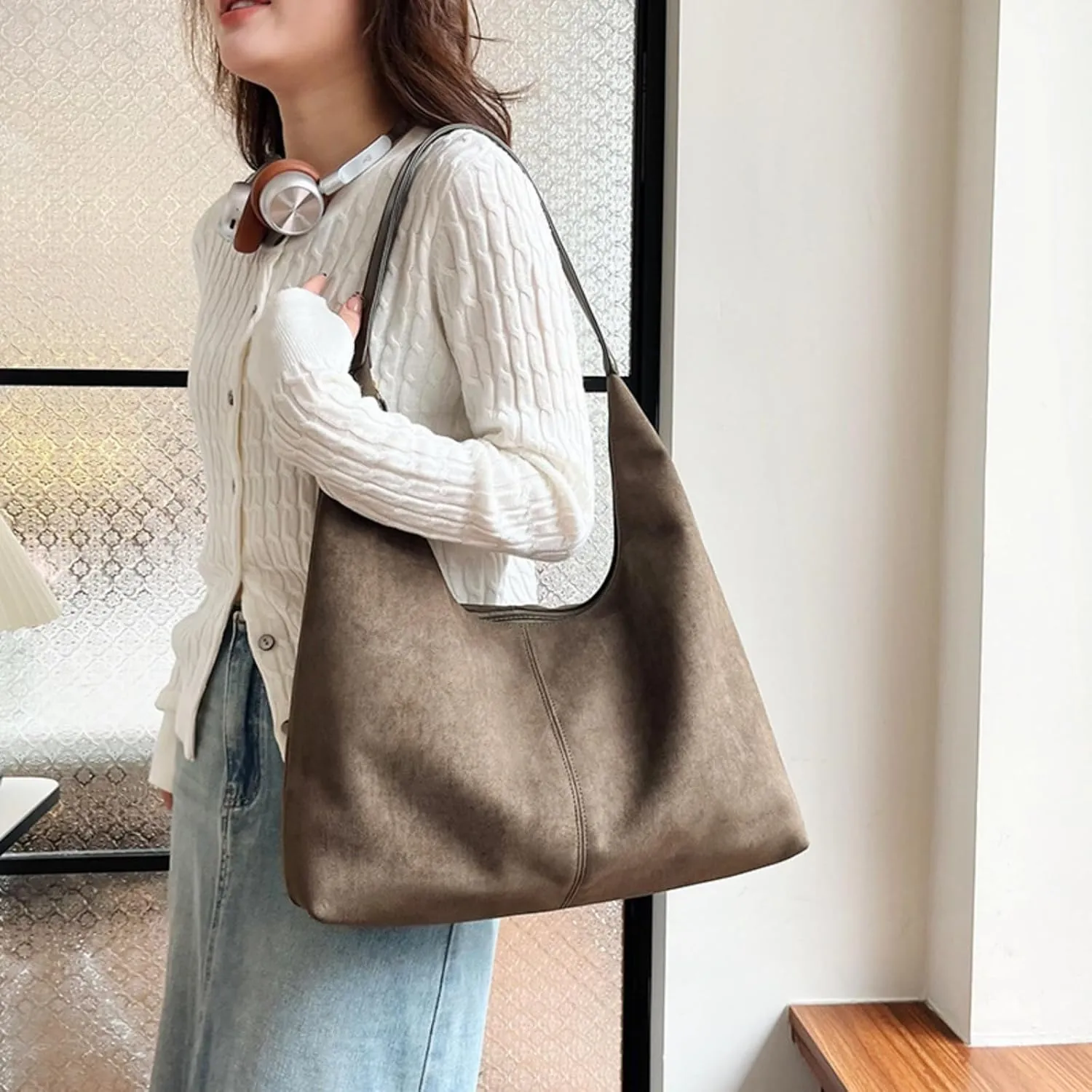 Suede Tote Bag Women Fall Winter Vintage Casual Handbag PU Strap Zip Slip Pocket Matte Shoulder Bag