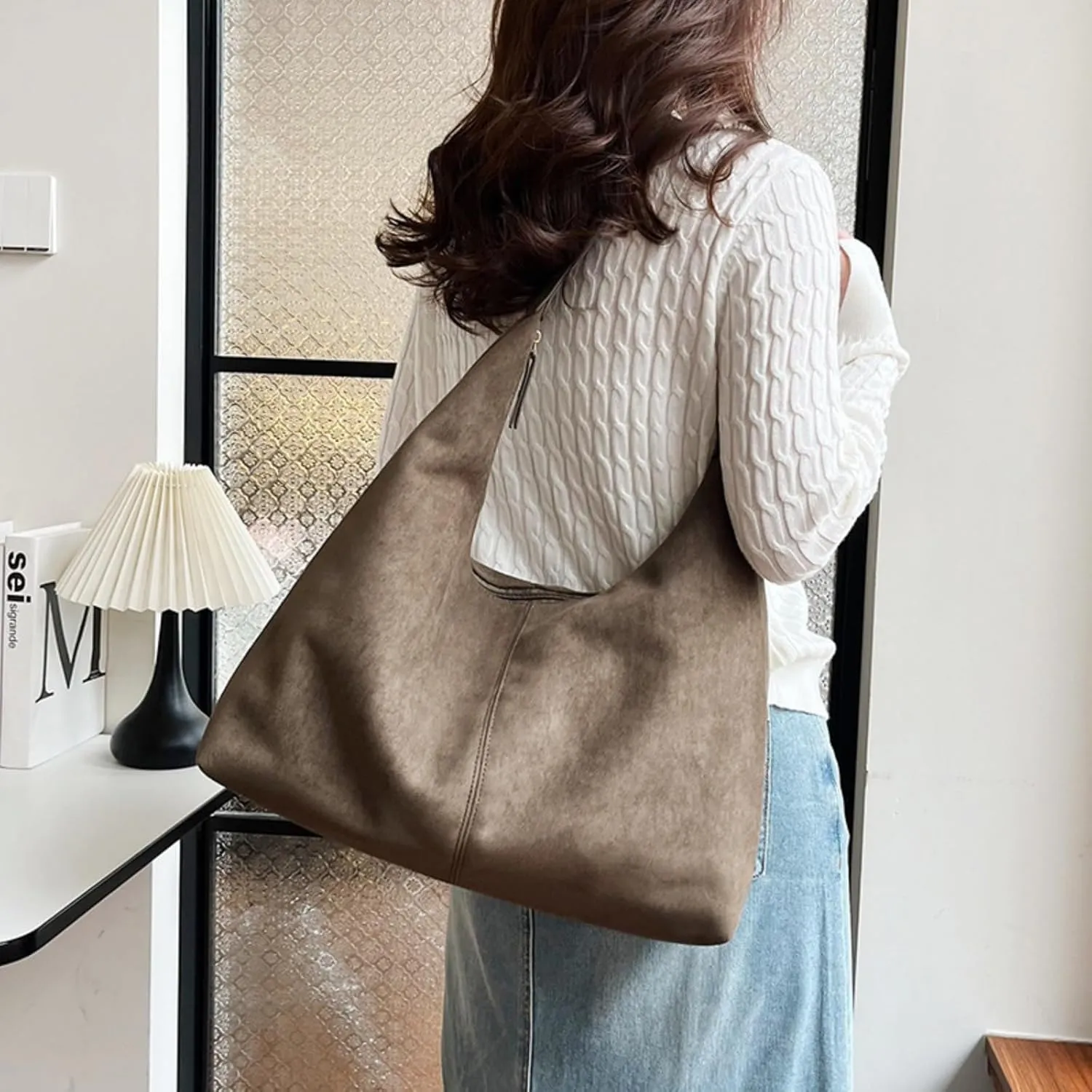 Suede Tote Bag Women Fall Winter Vintage Casual Handbag PU Strap Zip Slip Pocket Matte Shoulder Bag
