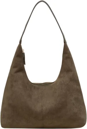 Suede Tote Bag Women Fall Winter Vintage Casual Handbag PU Strap Zip Slip Pocket Matte Shoulder Bag