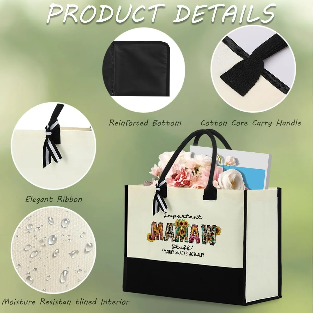 Sunflower Grandma Mom Gifts Waterproof Large Tote Bag Granny Mum Mimi Gigi Oma Grammy Nanny Abuela Mimi Nana Yaya Gifts