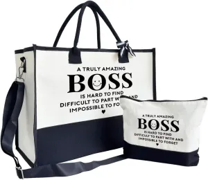 SUSZDOU Amazing Boss Tote Bag, Canvas Tote Bag for Women, Shoulder Beach Bag, Thank You Gift for Female Boss, Boss Gifts for Women, Travel Bag Gifts for Boss, Canvas Tote Bag With Zipper, Make Up Gag