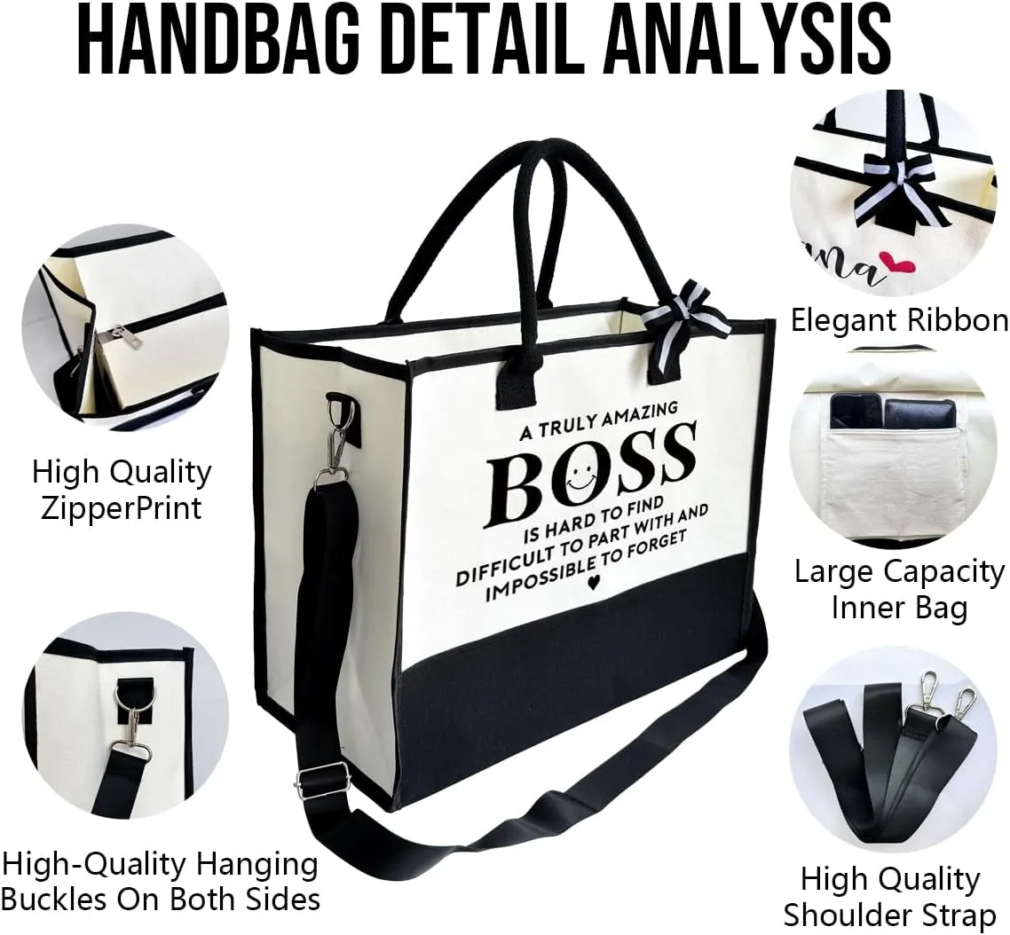 SUSZDOU Amazing Boss Tote Bag, Canvas Tote Bag for Women, Shoulder Beach Bag, Thank You Gift for Female Boss, Boss Gifts for Women, Travel Bag Gifts for Boss, Canvas Tote Bag With Zipper, Make Up Gag