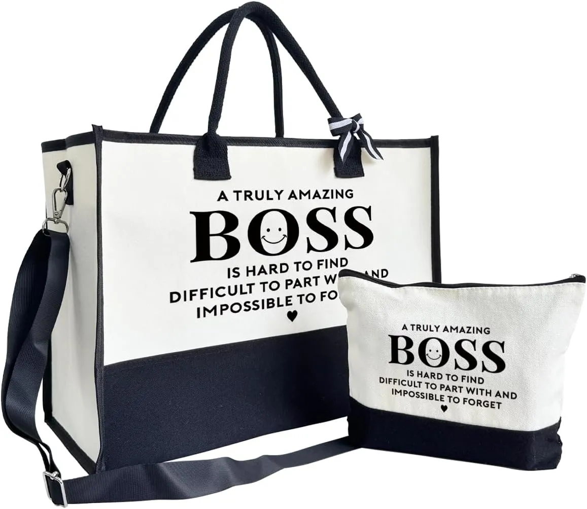 SUSZDOU Amazing Boss Tote Bag, Canvas Tote Bag for Women, Shoulder Beach Bag, Thank You Gift for Female Boss, Boss Gifts for Women, Travel Bag Gifts for Boss, Canvas Tote Bag With Zipper, Make Up Gag