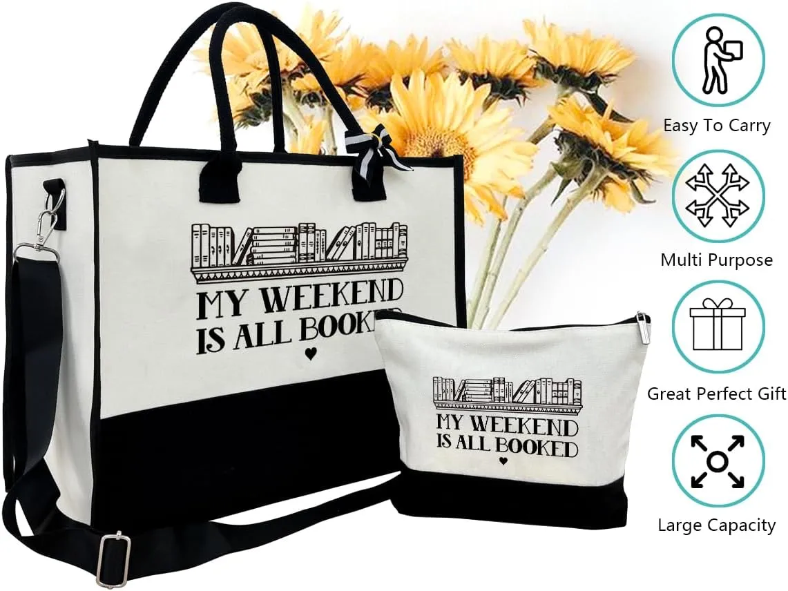 SUSZDOU Book Lover Gifts for Women Friends, My Weekend is All Booked, Canvas Weekend Tote Bag With Zipper