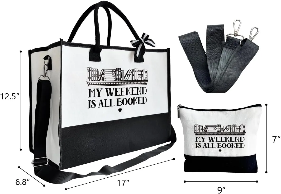 SUSZDOU Book Lover Gifts for Women Friends, My Weekend is All Booked, Canvas Weekend Tote Bag With Zipper