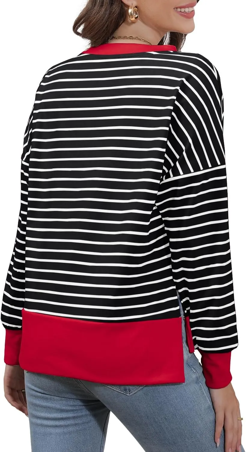 Sweaters for Women Long Sleeve Sweatshirt Fall Fashion 2024 Colorblocking Pullover Striped Sweater Tops