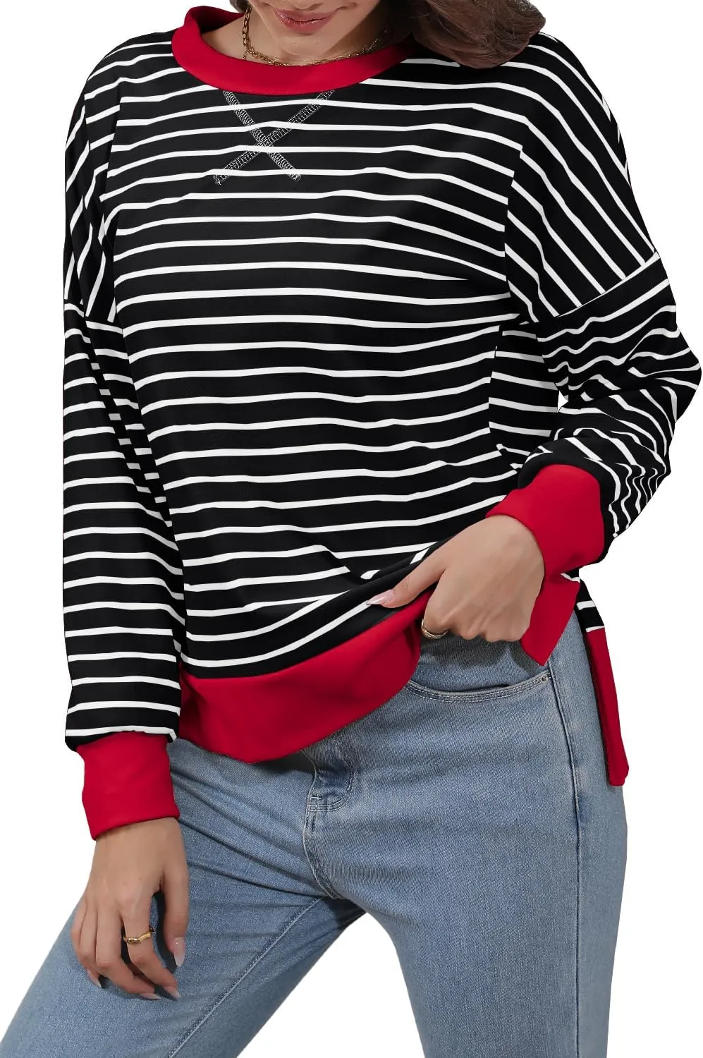 Sweaters for Women Long Sleeve Sweatshirt Fall Fashion 2024 Colorblocking Pullover Striped Sweater Tops