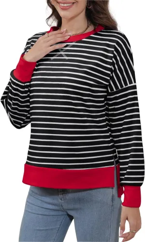 Sweaters for Women Long Sleeve Sweatshirt Fall Fashion 2024 Colorblocking Pullover Striped Sweater Tops