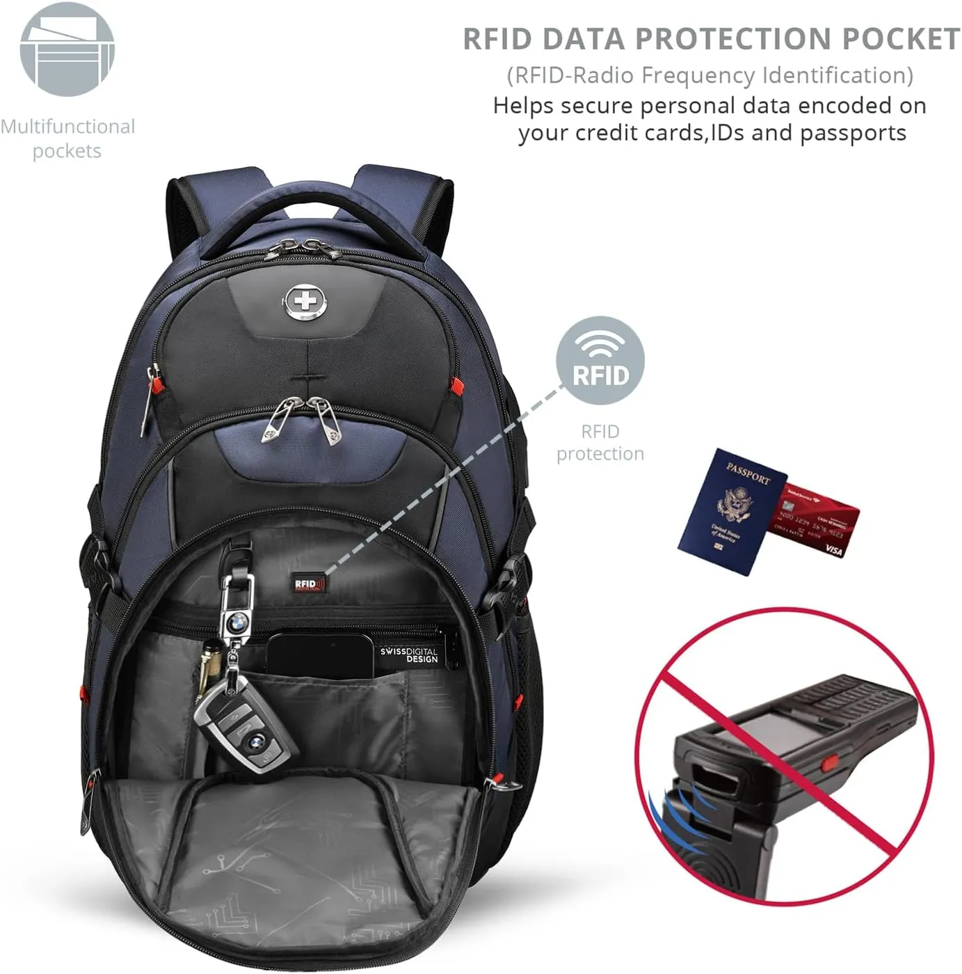 Swissdigital Design Business Laptop Backpack with Smart USB Charging Port, Travel Backpack Fits 15.6 inches Laptops, Water Repellent College Backpack for Men Women, Blue/Black | SD803