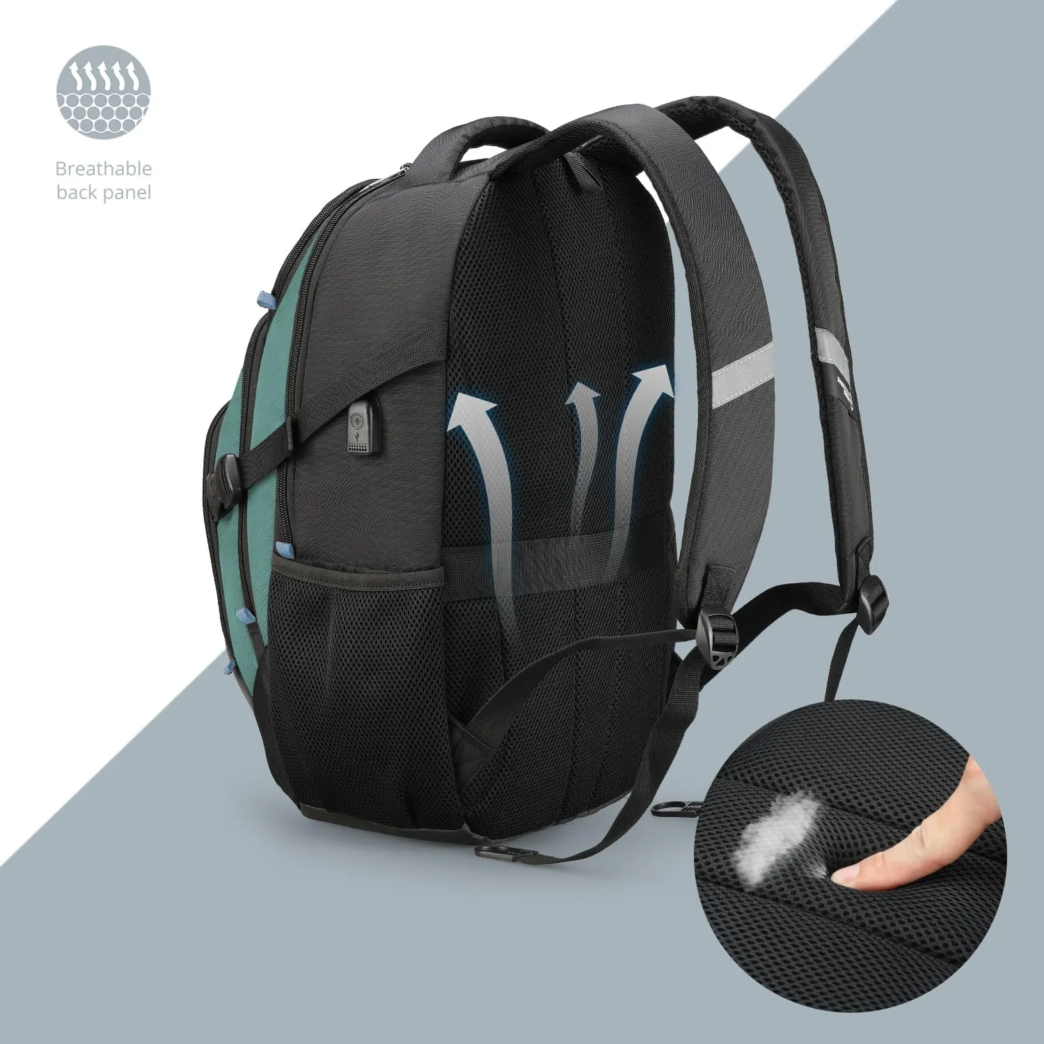 Swissdigital Design Business Laptop Backpack with Smart USB Charging Port, Travel Backpack Fits 15.6 inches Laptops, Water Repellent College Backpack for Men Women, Lake Green/Black | SD803