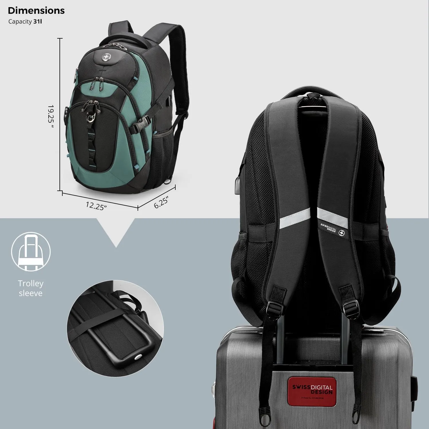 Swissdigital Design Business Laptop Backpack with Smart USB Charging Port, Travel Backpack Fits 15.6 inches Laptops, Water Repellent College Backpack for Men Women, Lake Green/Black | SD803