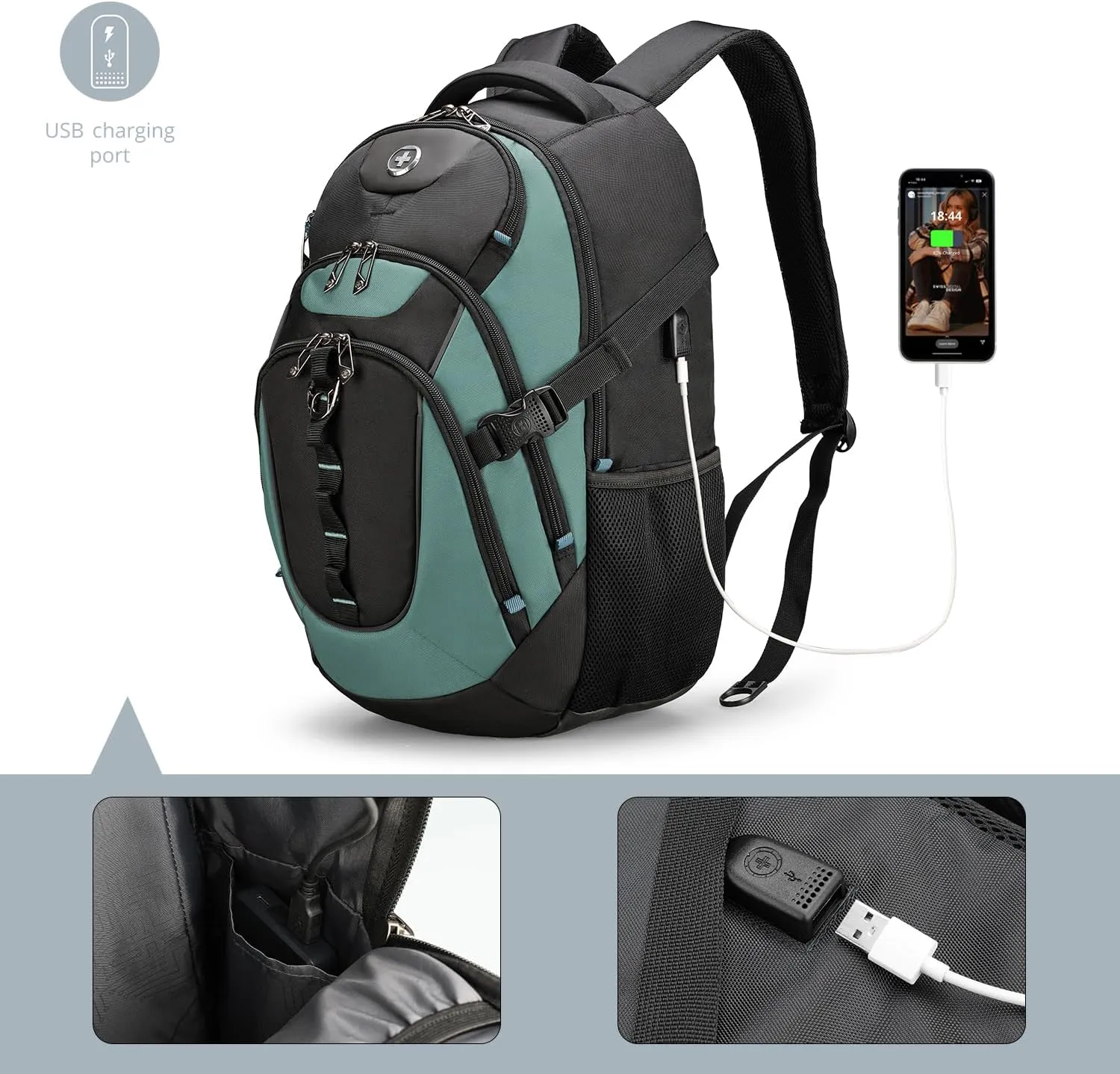 Swissdigital Design Business Laptop Backpack with Smart USB Charging Port, Travel Backpack Fits 15.6 inches Laptops, Water Repellent College Backpack for Men Women, Lake Green/Black | SD803