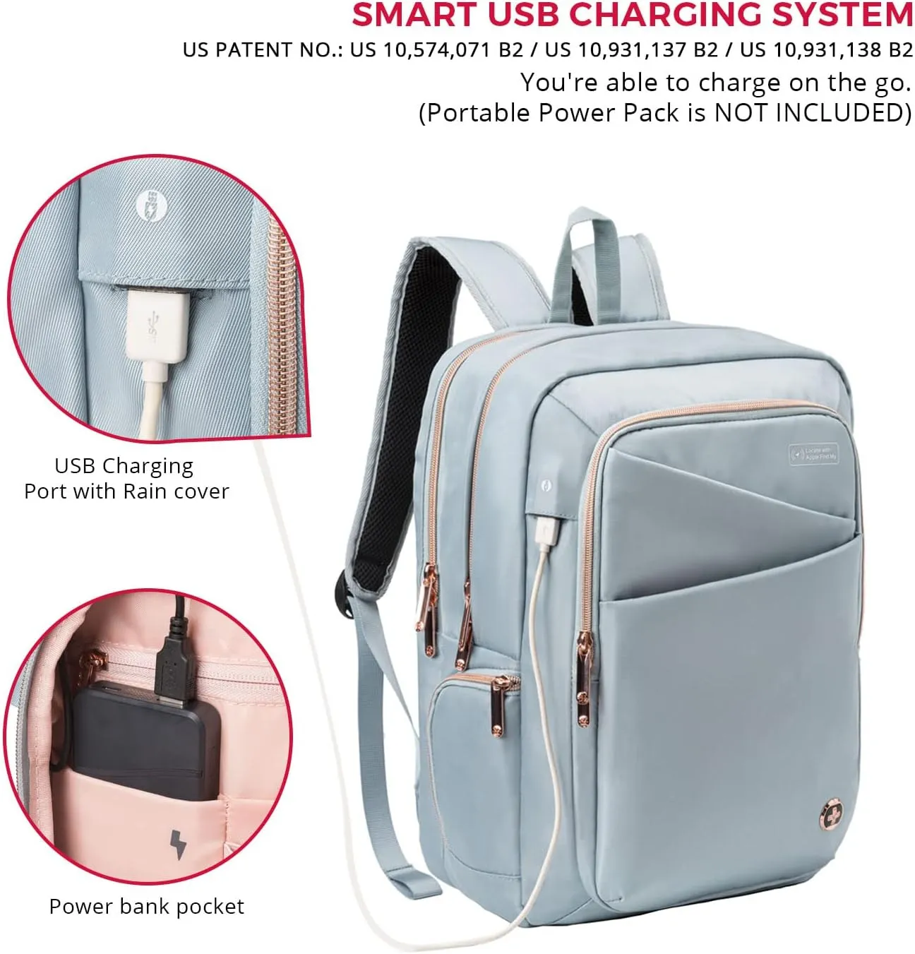 Swissdigital Design Women Laptop Backpack For Women With Apple Find My network,Travel Bookbags With USB Charging Port，Large Capacity Computer Backpacks For Work Business (KATY ROSE SD1006FB-14)