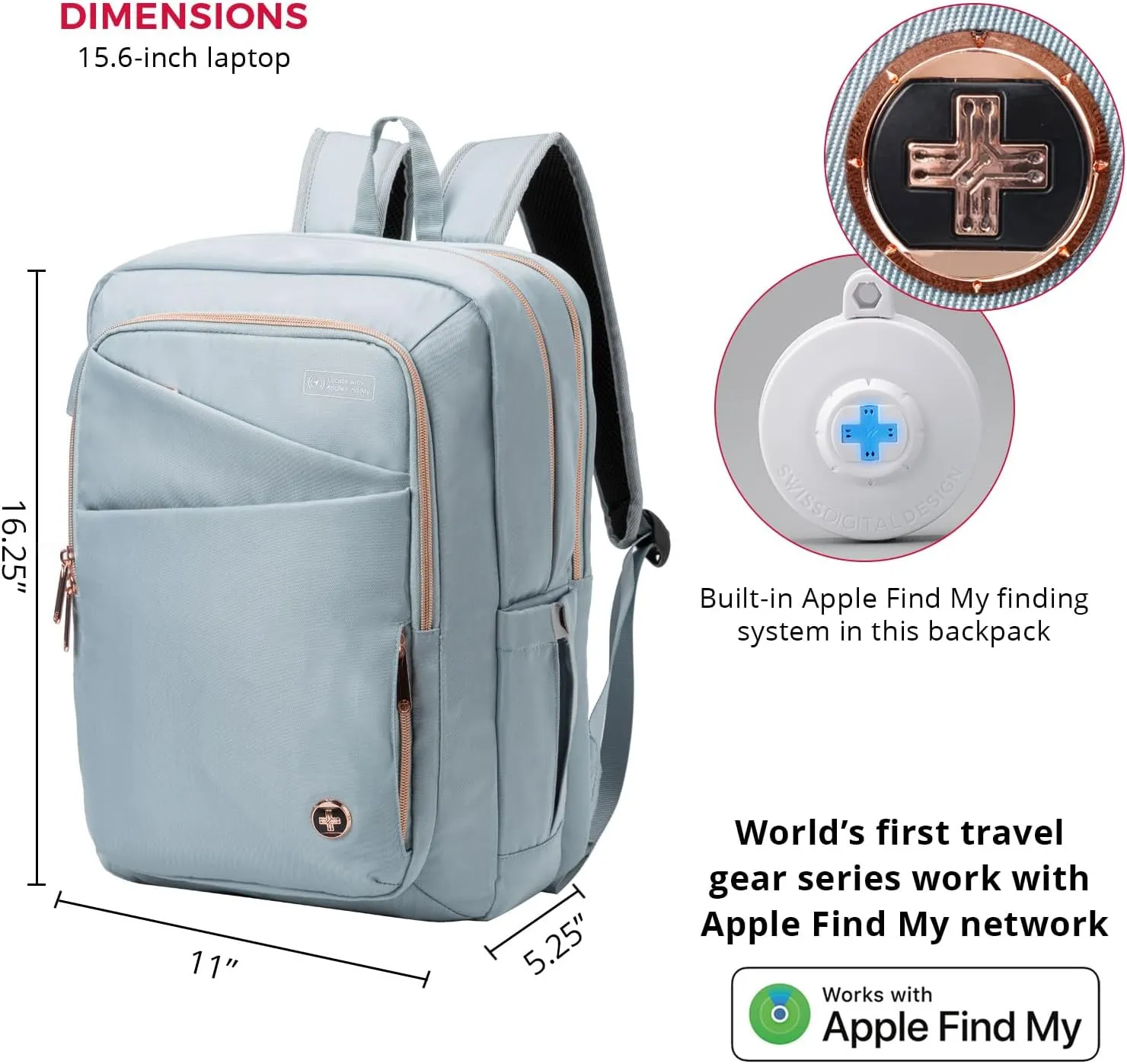 Swissdigital Design Women Laptop Backpack For Women With Apple Find My network,Travel Bookbags With USB Charging Port，Large Capacity Computer Backpacks For Work Business (KATY ROSE SD1006FB-14)