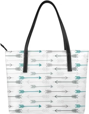 Teal Retro Arrow Pattern Women Leather Tote Bag Fashion Handbag Top Handle Satchel Bag Lightweight Work Bag