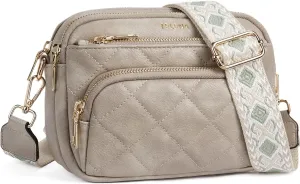 Telena Crossbody Bags for Women Small Crossbody Purses Quilted Vegan Leather with Guitar Strap Beige with Brown
