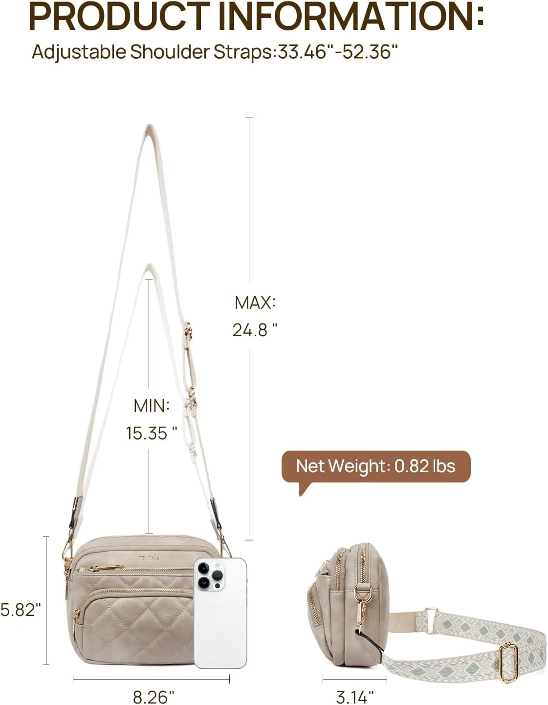 Telena Crossbody Bags for Women Small Crossbody Purses Quilted Vegan Leather with Guitar Strap Beige with Brown