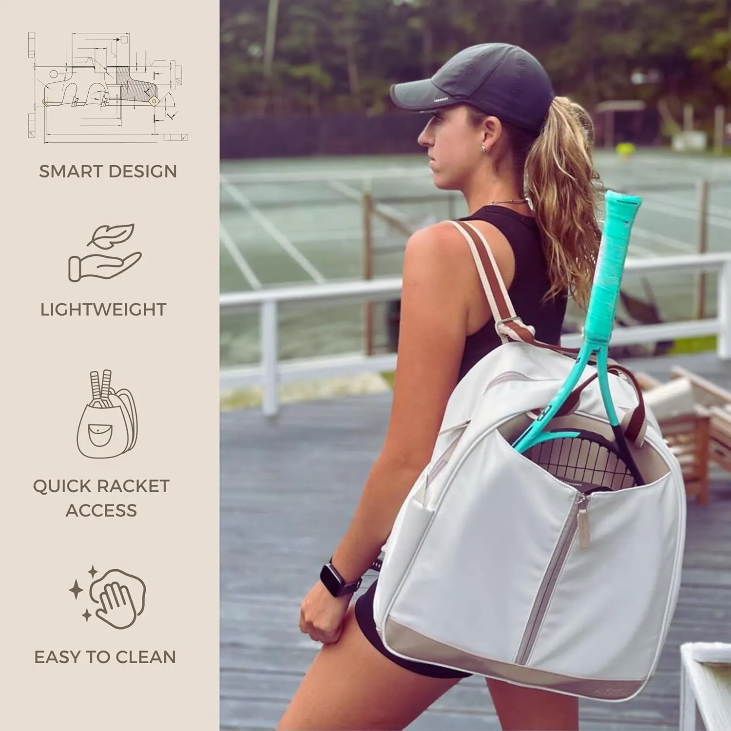 Tennis Backpack for Women - Spacious Design Fits 2 Rackets & 13" Laptop | 8  Smart Pockets & 32oz Water Bottle Holder | Water-Resistant Lightweight Sports Bag for Tennis, Padel, Pickleball & Gym