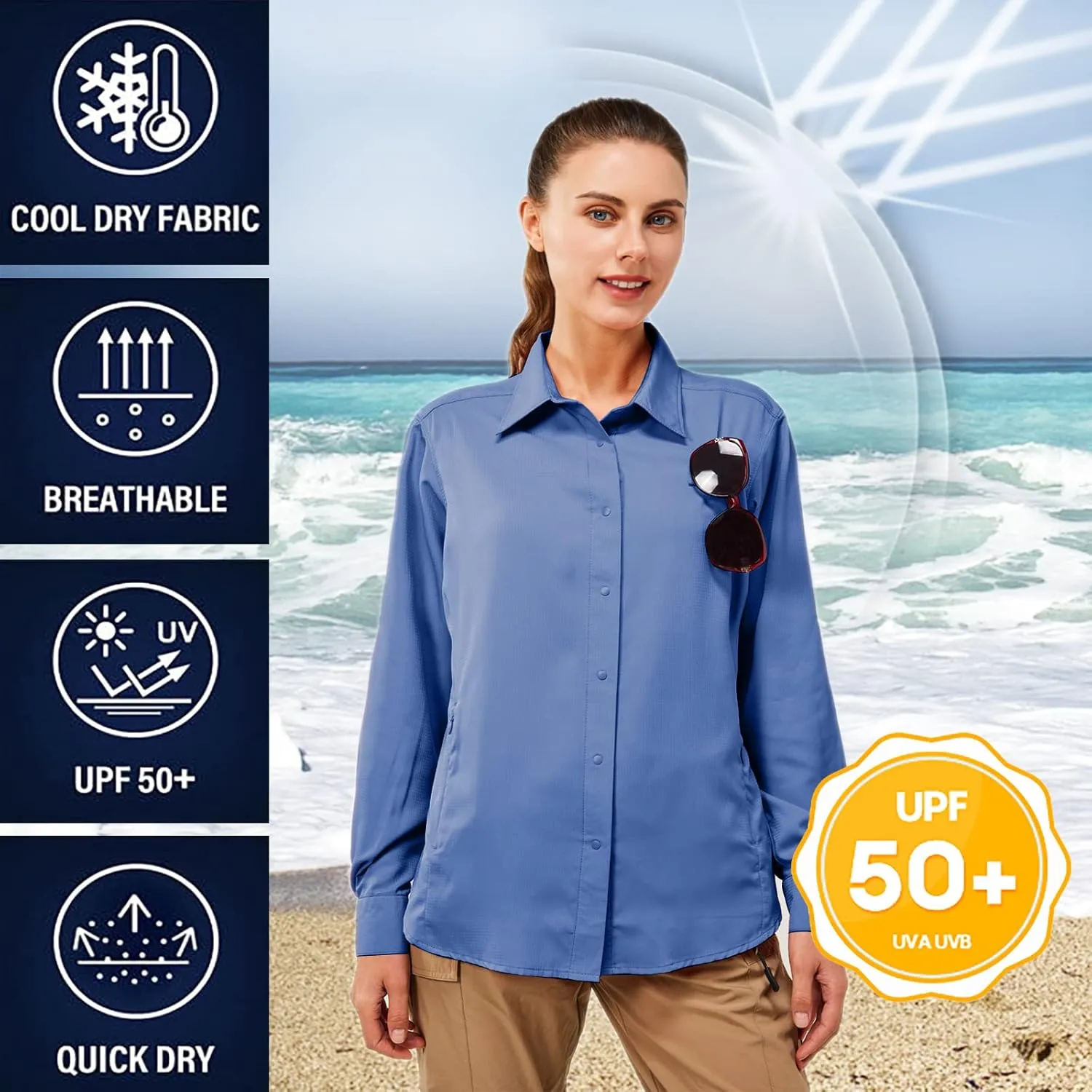 TGF Women's Sun Protection Fishing Shirts Long Sleeve Button Up Shirt with Zipper Pockets for Traveling Hiking Camping