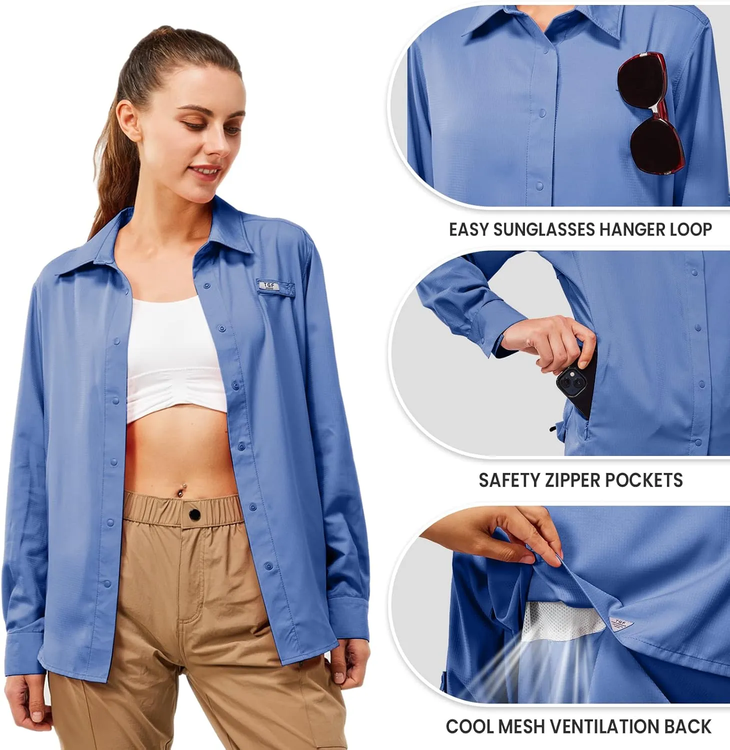 TGF Women's Sun Protection Fishing Shirts Long Sleeve Button Up Shirt with Zipper Pockets for Traveling Hiking Camping