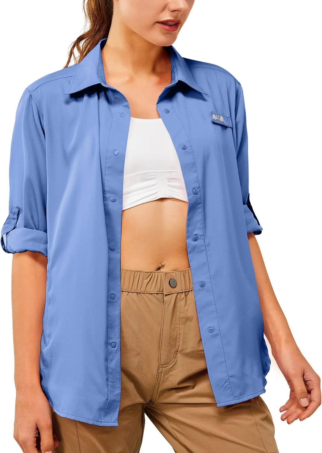 TGF Women's Sun Protection Fishing Shirts Long Sleeve Button Up Shirt with Zipper Pockets for Traveling Hiking Camping