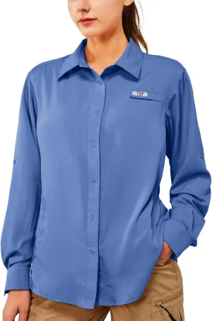 TGF Women's Sun Protection Fishing Shirts Long Sleeve Button Up Shirt with Zipper Pockets for Traveling Hiking Camping