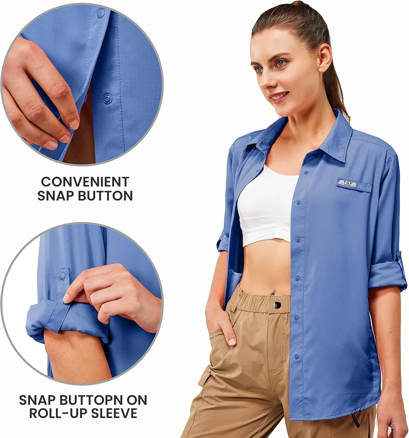 TGF Women's Sun Protection Fishing Shirts Long Sleeve Button Up Shirt with Zipper Pockets for Traveling Hiking Camping