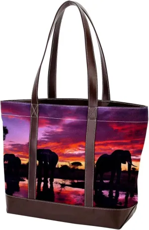 The Tote Bag For Women,Tote Bag With Zipper,Canvas Tote Bag,African Sunset Grassland Elephant Handbags