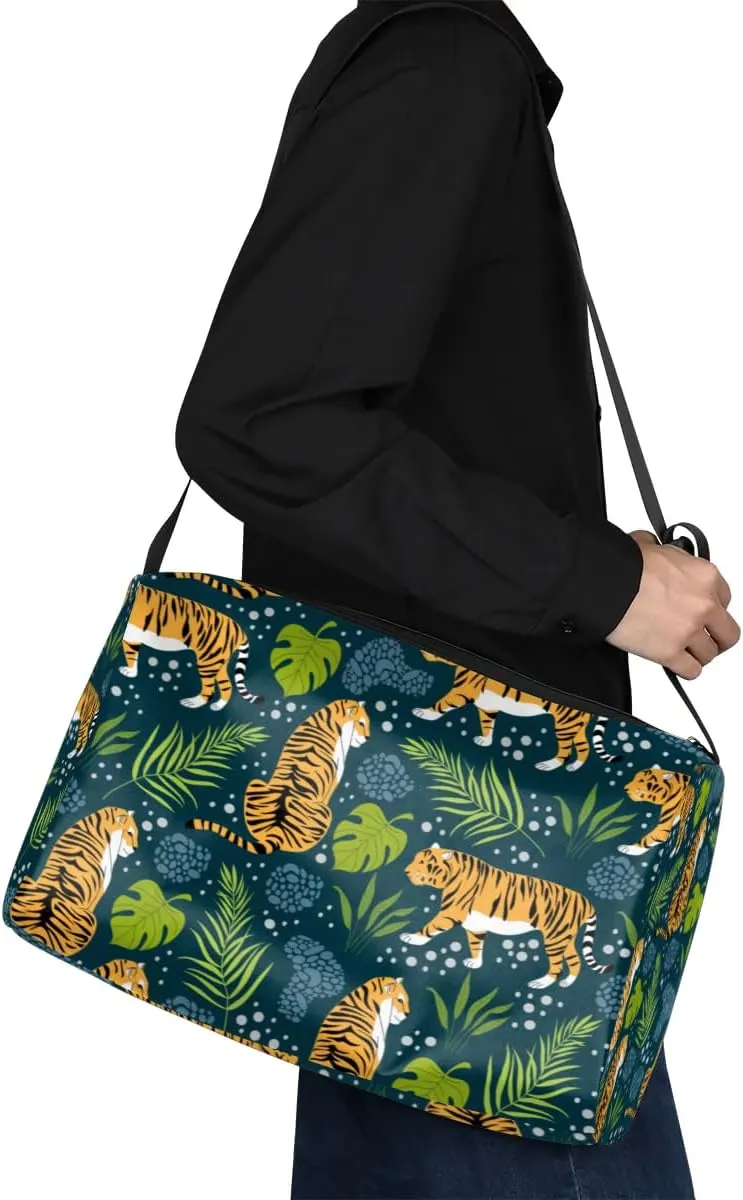 Tigers Tropical Leaves Small Gym Bag for Men Women Workout Sport Duffle Bag Waterproof Weekender Overnight Bag Lightweight Carry on Tote Bag Crossbody Shoulder Travel Bag for Swim Yoge Dance
