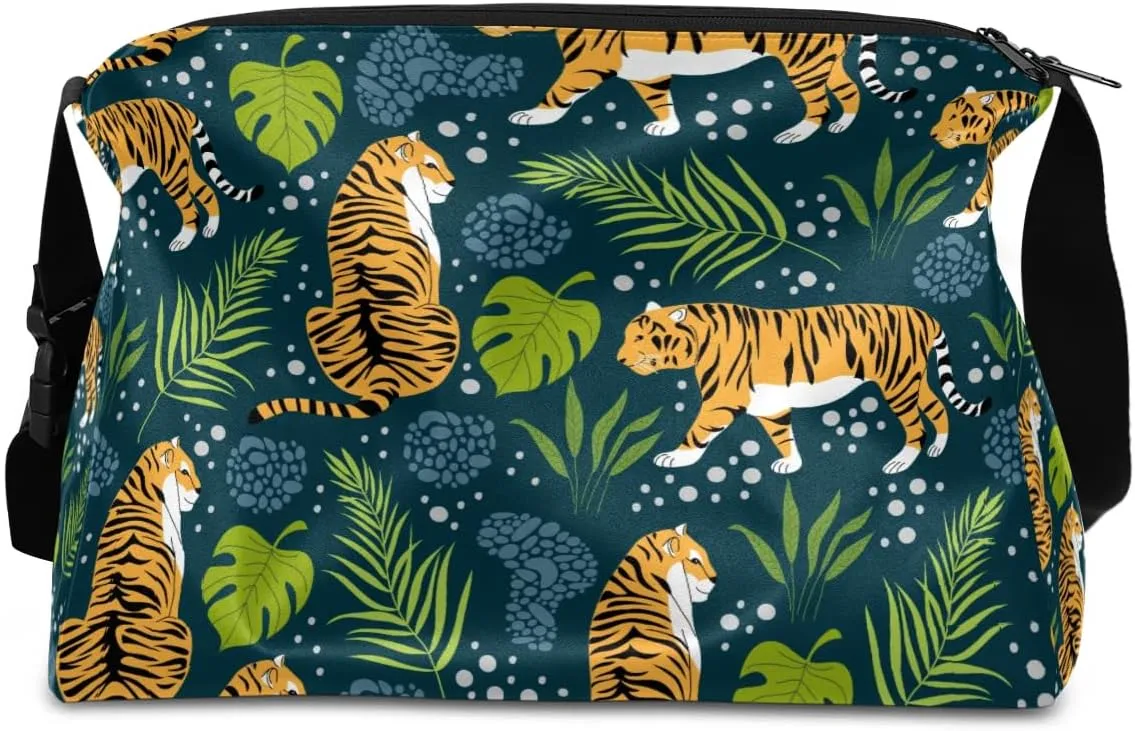 Tigers Tropical Leaves Small Gym Bag for Men Women Workout Sport Duffle Bag Waterproof Weekender Overnight Bag Lightweight Carry on Tote Bag Crossbody Shoulder Travel Bag for Swim Yoge Dance