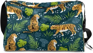 Tigers Tropical Leaves Small Gym Bag for Men Women Workout Sport Duffle Bag Waterproof Weekender Overnight Bag Lightweight Carry on Tote Bag Crossbody Shoulder Travel Bag for Swim Yoge Dance
