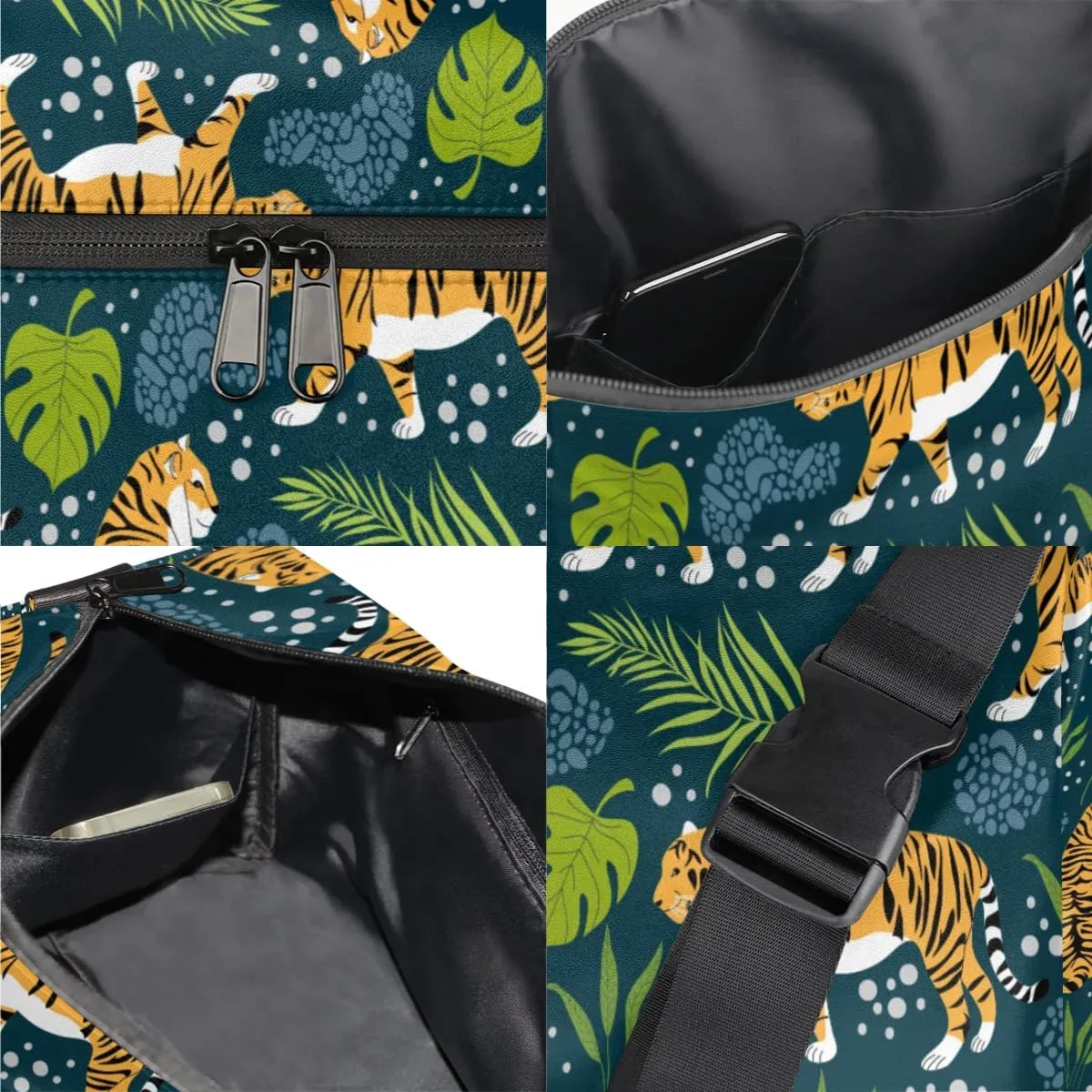 Tigers Tropical Leaves Small Gym Bag for Men Women Workout Sport Duffle Bag Waterproof Weekender Overnight Bag Lightweight Carry on Tote Bag Crossbody Shoulder Travel Bag for Swim Yoge Dance