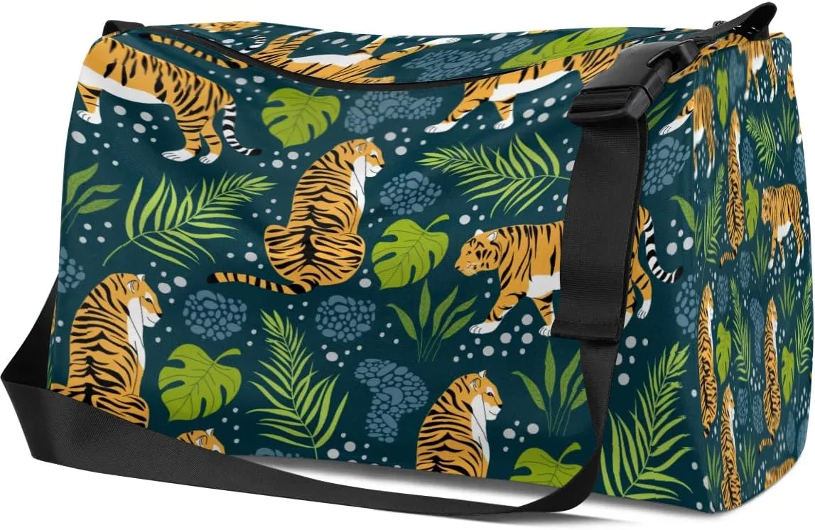 Tigers Tropical Leaves Small Gym Bag for Men Women Workout Sport Duffle Bag Waterproof Weekender Overnight Bag Lightweight Carry on Tote Bag Crossbody Shoulder Travel Bag for Swim Yoge Dance