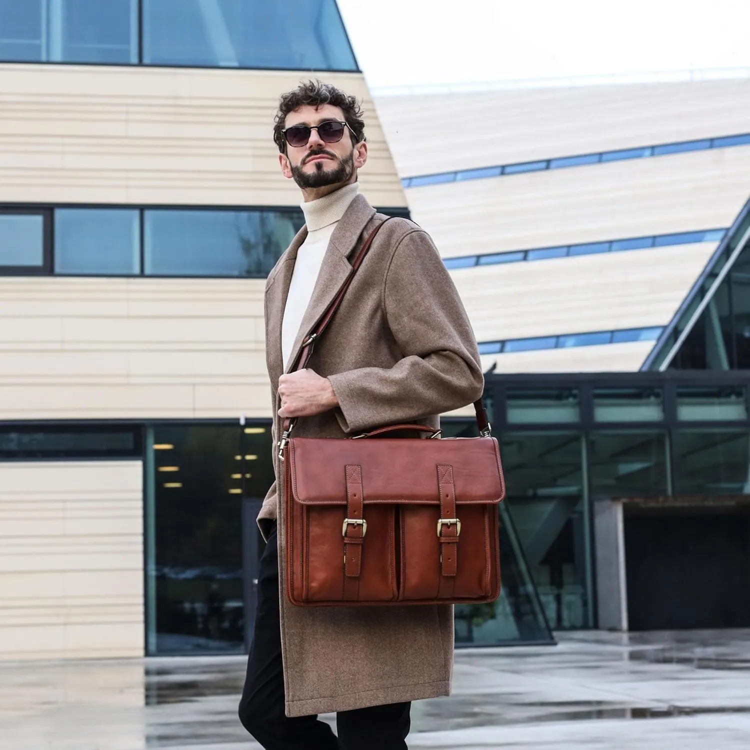 Time Resistance Leather Briefcase for Men Handcrafted in Italy Full Grain Messenger Bag for Laptop
