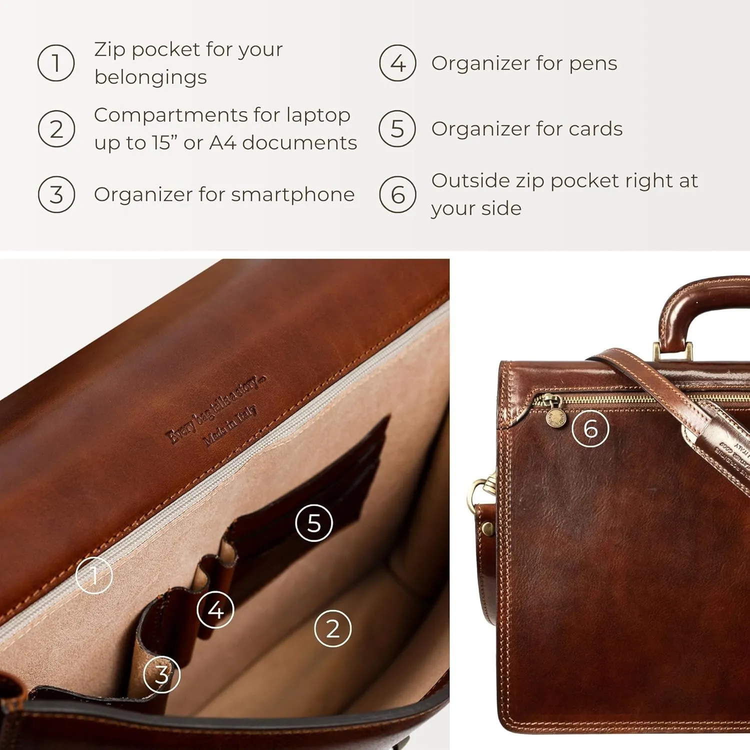 Time Resistance Leather Briefcase - Italian Handmade Leather Laptop Bag - Handbag for Men - Professional Computer Case