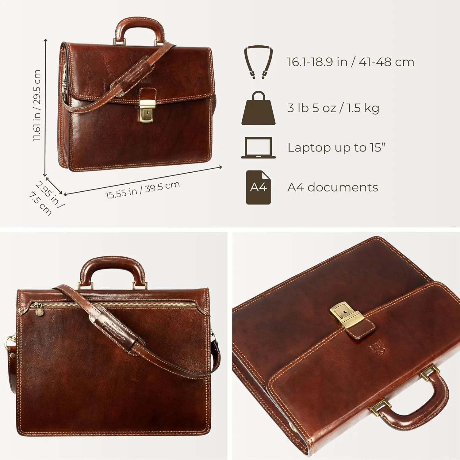 Time Resistance Leather Briefcase - Italian Handmade Leather Laptop Bag - Handbag for Men - Professional Computer Case