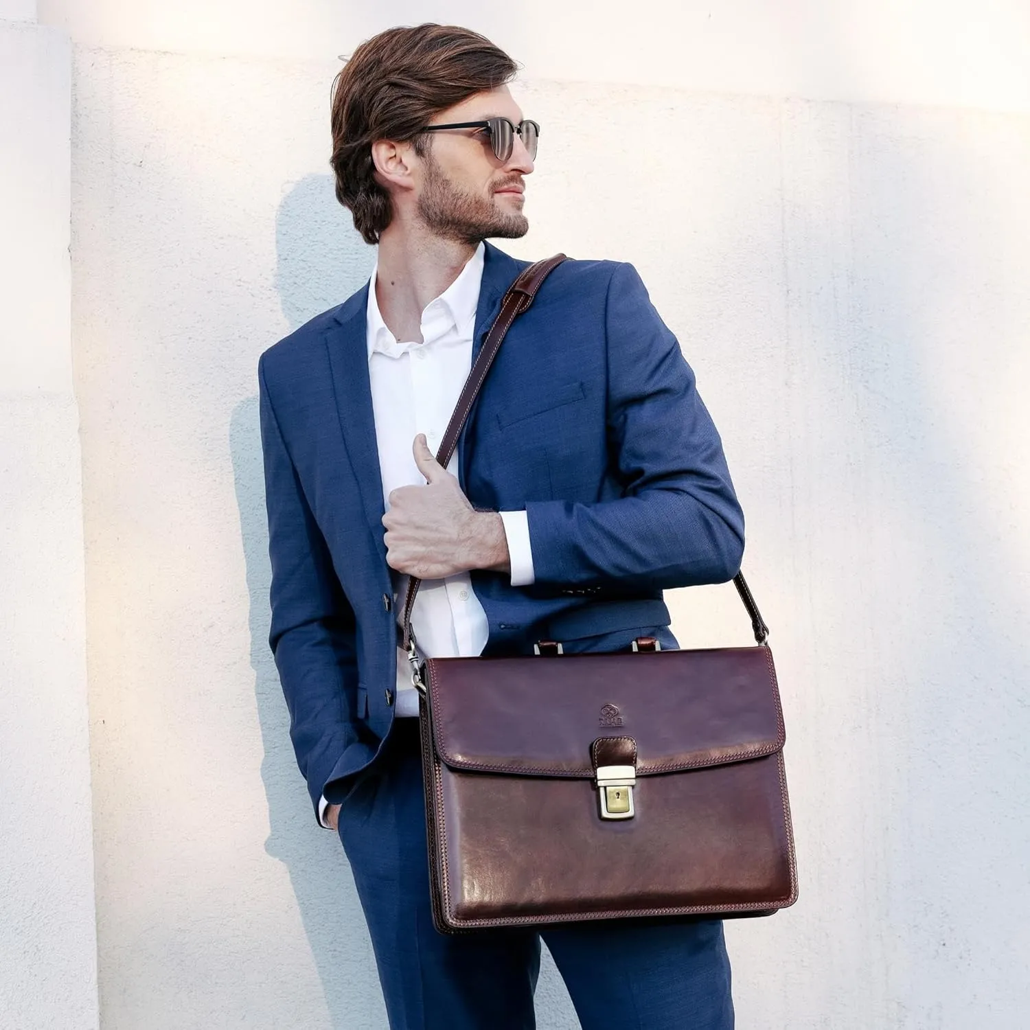 Time Resistance Leather Briefcase - Italian Handmade Leather Laptop Bag - Handbag for Men - Professional Computer Case