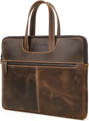 Top Grain Leather 15.4" Slim Laptop Briefcase Handbag, Vintage Design with 5 Pockets, Handmade, Compatible with MacBook Pro/Air 13.3"/14.2"/15.4"/16" & other Laptop/Tablet, Coffee 15.4 Inch