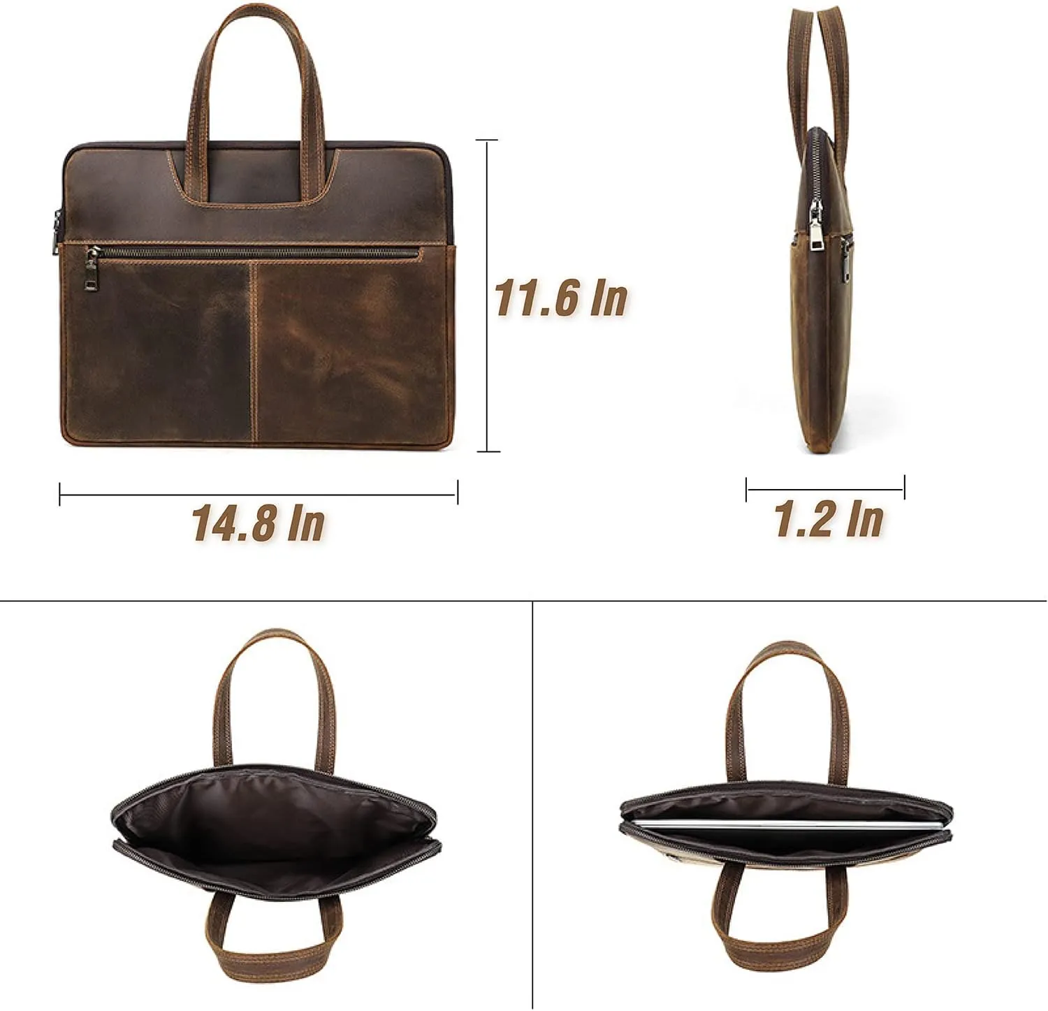Top Grain Leather 15.4" Slim Laptop Briefcase Handbag, Vintage Design with 5 Pockets, Handmade, Compatible with MacBook Pro/Air 13.3"/14.2"/15.4"/16" & other Laptop/Tablet, Coffee 15.4 Inch
