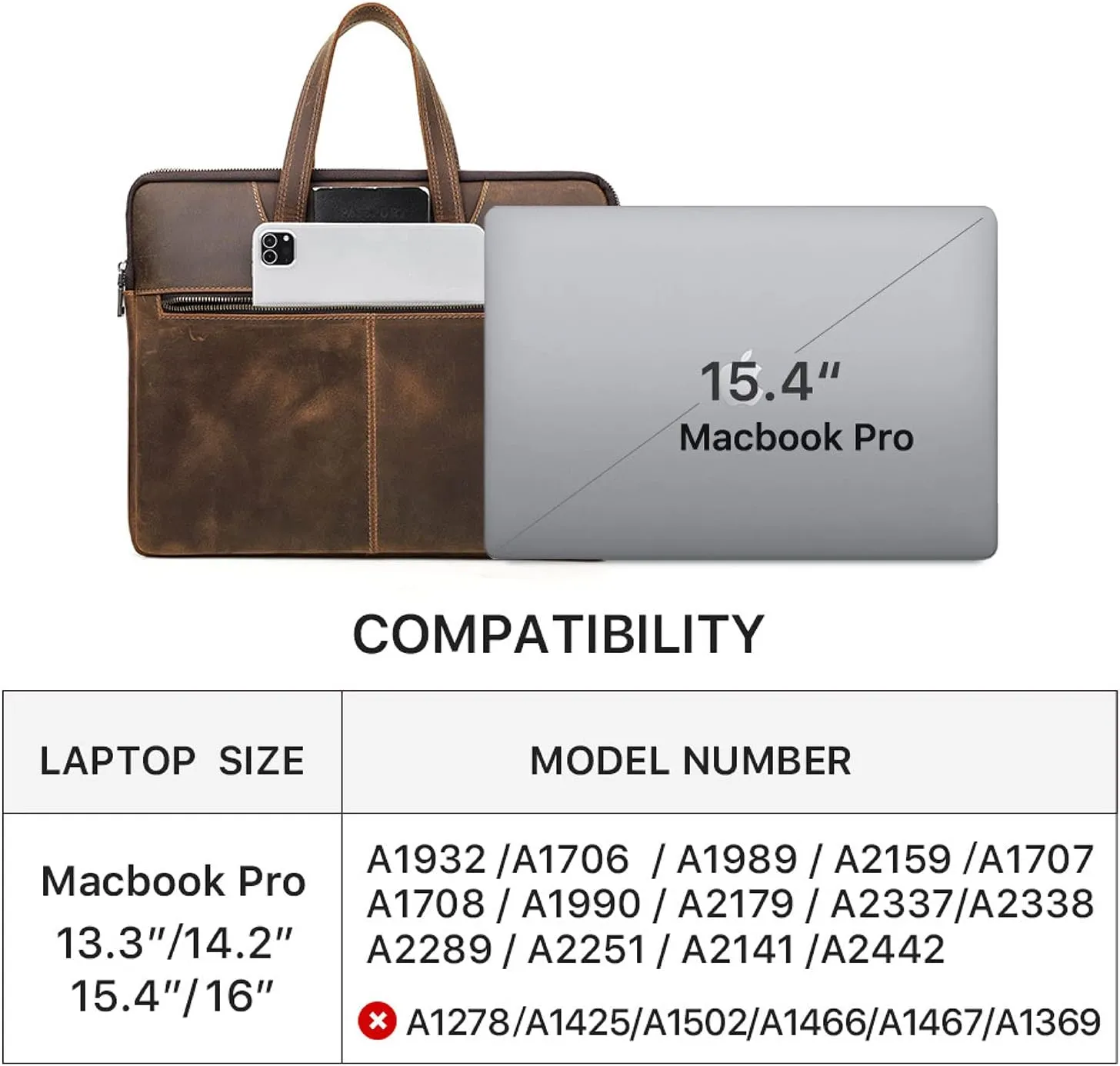 Top Grain Leather 15.4" Slim Laptop Briefcase Handbag, Vintage Design with 5 Pockets, Handmade, Compatible with MacBook Pro/Air 13.3"/14.2"/15.4"/16" & other Laptop/Tablet, Coffee 15.4 Inch